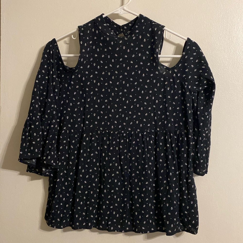 Navy / Black Blouse with White Floral Details (S)